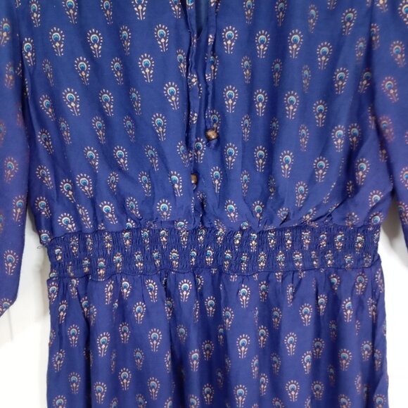 Lapogee Midi Dress Womens Boho 3X Blue Gold Teal Print Elastic Waist Tie Neck - Picture 3 of 11